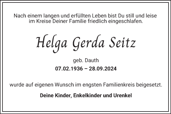 Traueranzeige von Helga Gerda Seitz von Mannheimer Morgen