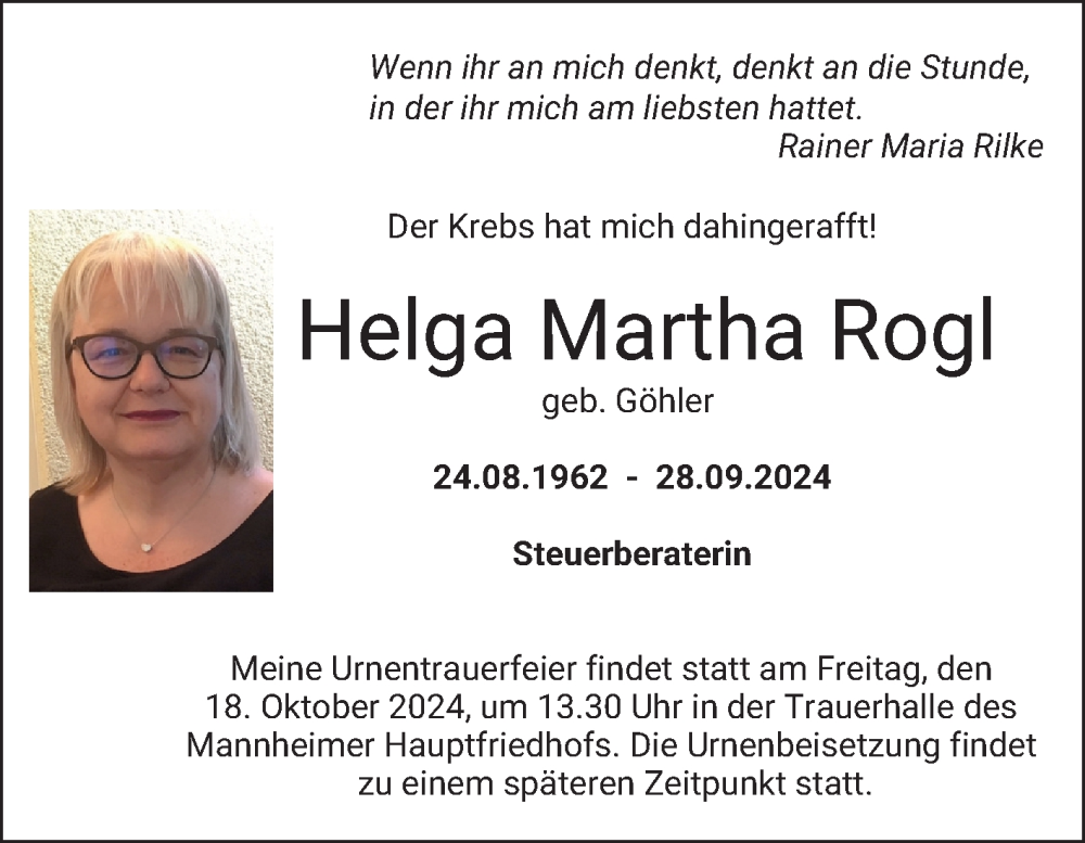  Traueranzeige für Helga Martha Rogl vom 12.10.2024 aus Mannheimer Morgen