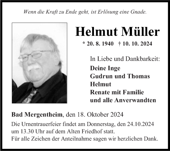 Traueranzeige von Helmut Müller von Fränkische Nachrichten