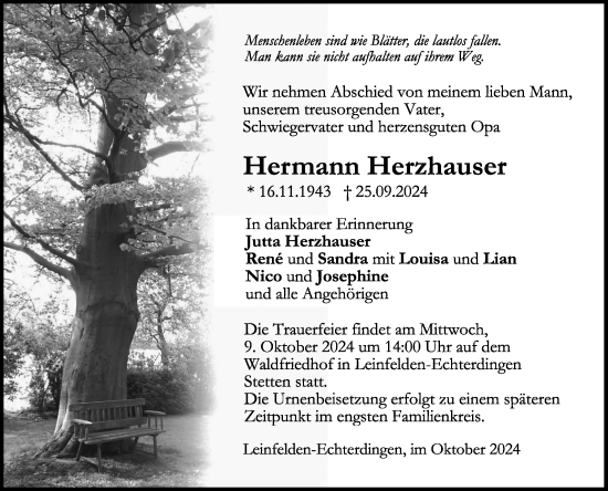 Traueranzeige von Hermann Herzhauser von Schwetzinger Zeitung