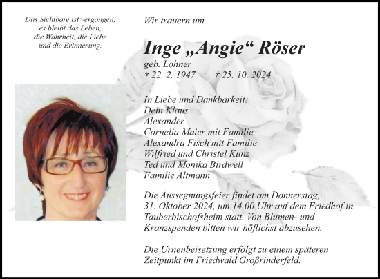 Traueranzeige von Inge Angie Röser von Fränkische Nachrichten