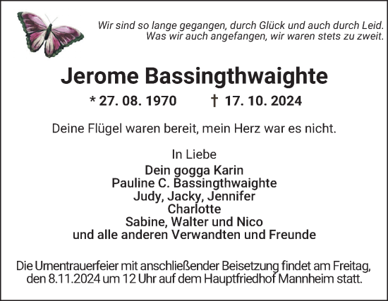 Traueranzeige von Jerome Bassingthwaighte von Mannheimer Morgen