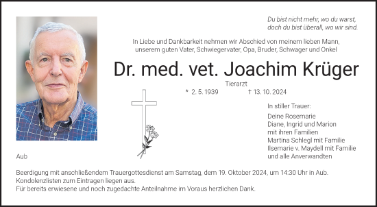 Traueranzeige von Joachim Krüger von Fränkische Nachrichten