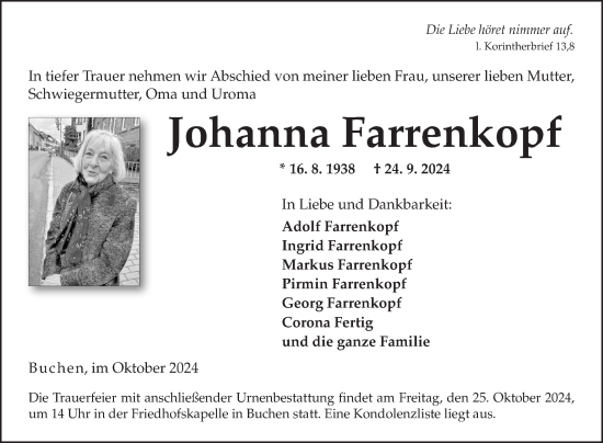 Traueranzeige von Johanna Farrenkopf von Fränkische Nachrichten