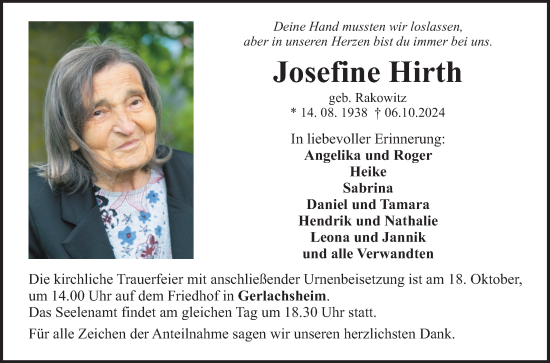 Traueranzeige von Josefine Hirth von Fränkische Nachrichten