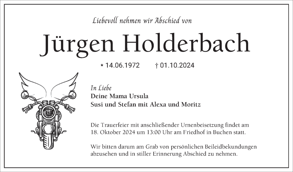  Traueranzeige für Jürgen Holderbach vom 12.10.2024 aus Fränkische Nachrichten