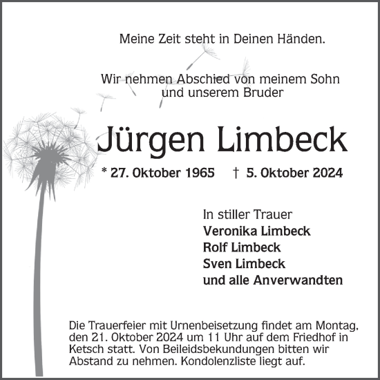 Traueranzeige von Jürgen Limbeck von Schwetzinger Zeitung