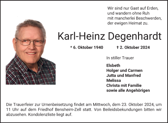 Traueranzeige von Karl-Heinz Degenhardt von Bergsträßer Anzeiger