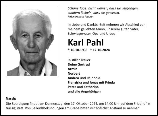 Traueranzeige von Karl Pahl von Fränkische Nachrichten