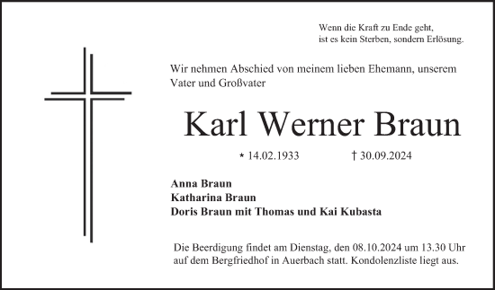 Traueranzeige von Karl Werner Braun von Bergsträßer Anzeiger