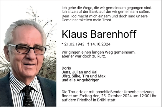 Traueranzeige von Klaus Barenhoff von Schwetzinger Zeitung