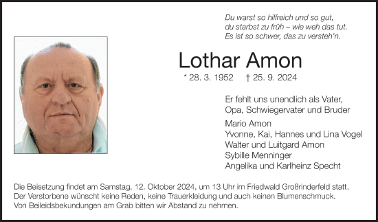 Traueranzeige von Lothar Amon von Fränkische Nachrichten