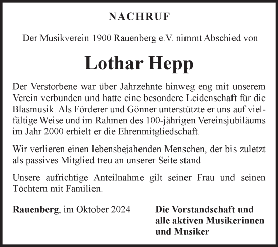 Traueranzeige von Lothar Hepp von Fränkische Nachrichten