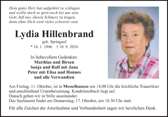 Traueranzeige von Lydia Hillenbrand von Fränkische Nachrichten