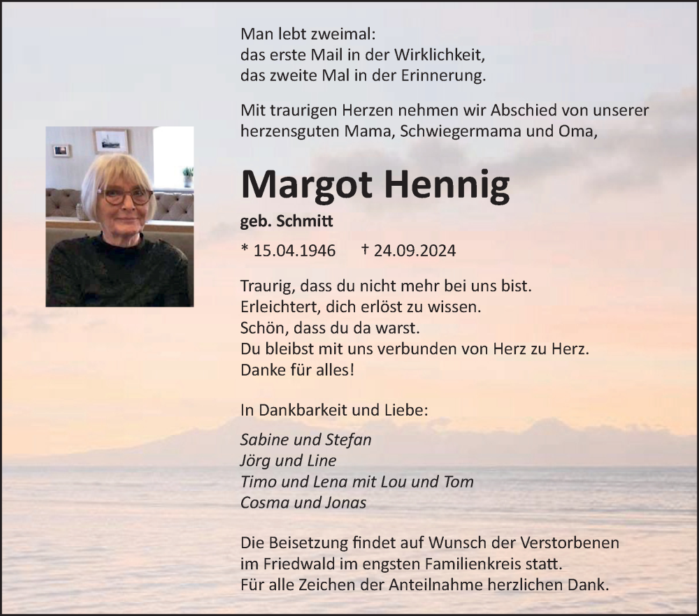  Traueranzeige für Margot Hennig vom 02.10.2024 aus Fränkische Nachrichten