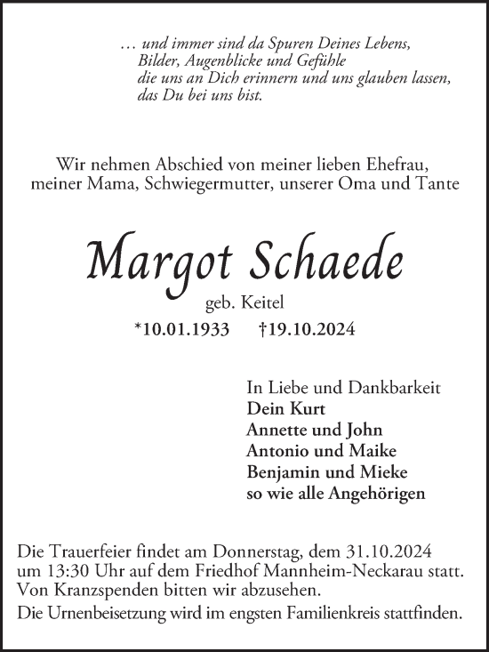 Traueranzeige von Margot Schaede von Mannheimer Morgen