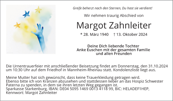 Traueranzeige von Margot Zahnleiter von Mannheimer Morgen