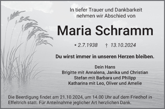 Traueranzeige von Maria Schramm von Fränkische Nachrichten