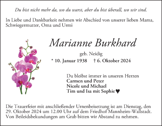 Traueranzeige von Marianne Burkhard von Mannheimer Morgen