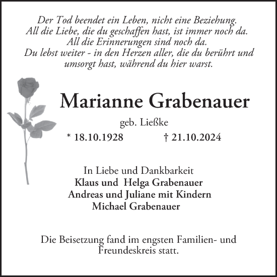 Traueranzeige von Marianne Grabenauer von Mannheimer Morgen