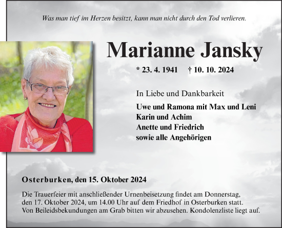 Traueranzeige von Marianne Jansky von Fränkische Nachrichten