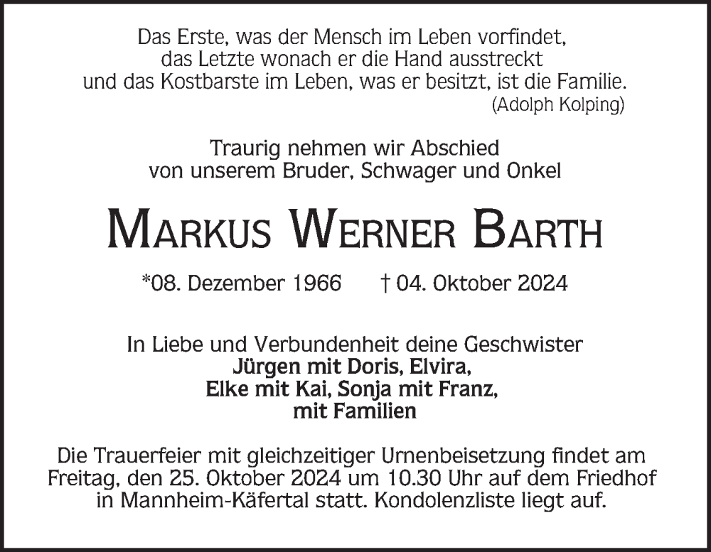  Traueranzeige für Markus  Barth vom 19.10.2024 aus Mannheimer Morgen