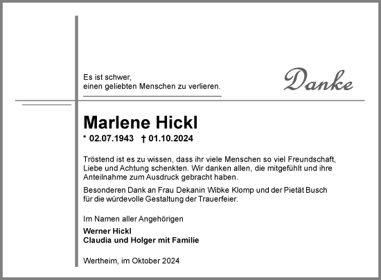 Traueranzeige von Marlene Hickl von Fränkische Nachrichten