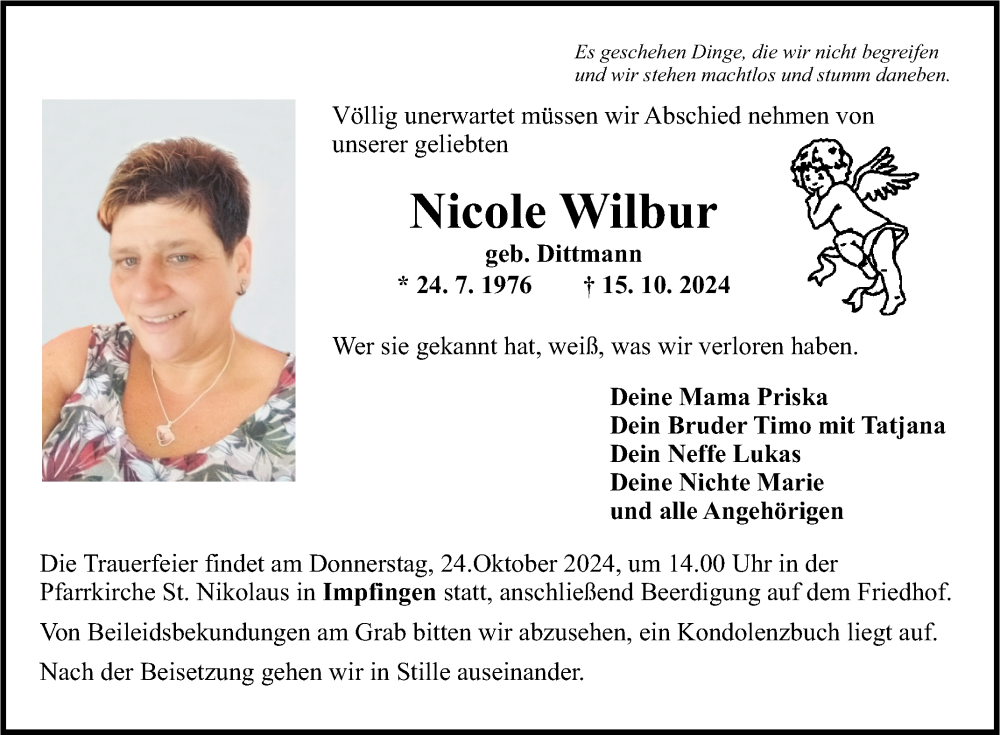  Traueranzeige für Nicole Wilbur vom 19.10.2024 aus Fränkische Nachrichten