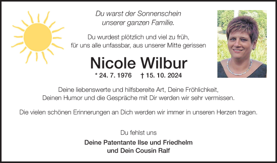 Traueranzeige von Nicole Wilbur von Fränkische Nachrichten