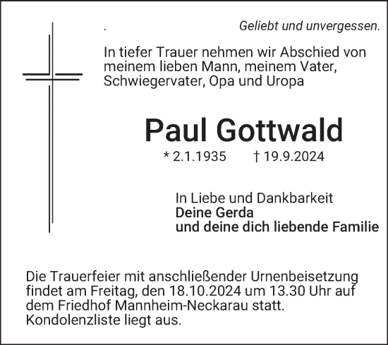 Traueranzeige von Paul Gottwald von Mannheimer Morgen