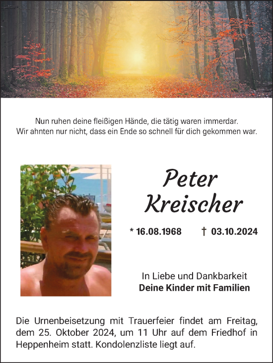 Traueranzeige von Peter Kreischer von Bergsträßer Anzeiger