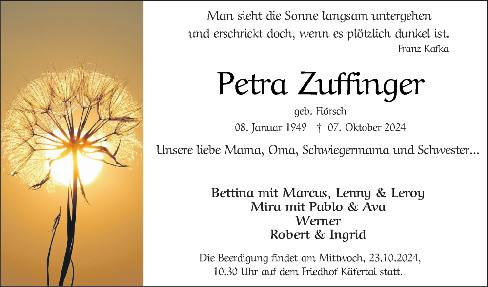  Traueranzeige für Petra Zuffinger vom 19.10.2024 aus Mannheimer Morgen