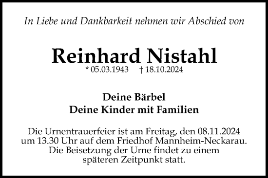 Traueranzeige von Reinhard Nistahl von Mannheimer Morgen