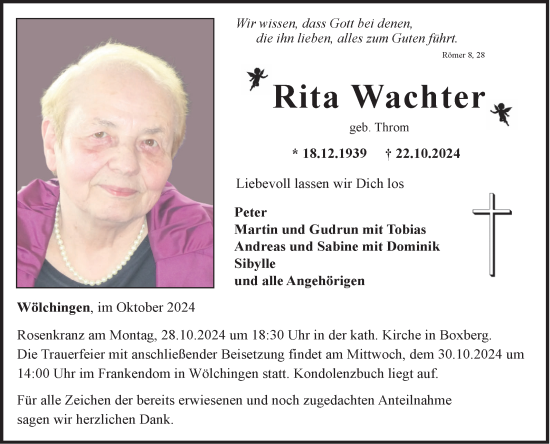 Traueranzeige von Rita Wachter von Fränkische Nachrichten