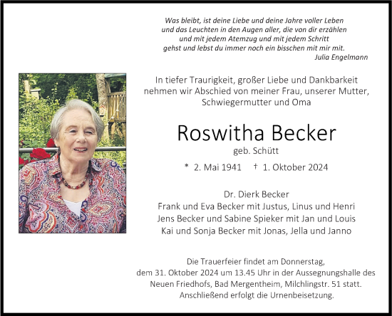 Traueranzeige von Roswitha Becker von Fränkische Nachrichten