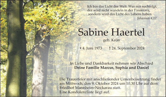 Traueranzeige von Sabine Haertel von Mannheimer Morgen