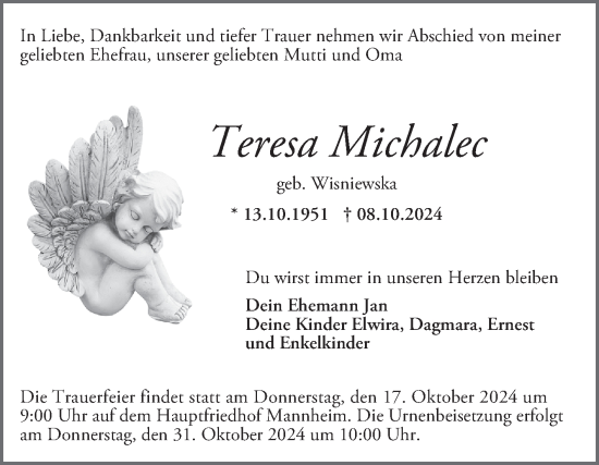 Traueranzeige von Teresa Michalec von Mannheimer Morgen