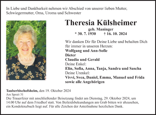 Traueranzeige von Theresia Külsheimer von Fränkische Nachrichten