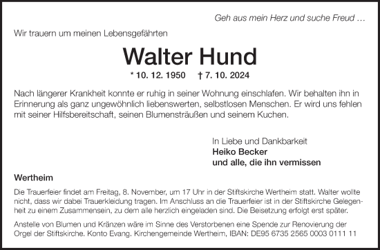 Traueranzeige von Walter Hund von Fränkische Nachrichten