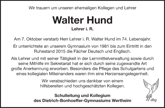 Traueranzeige von Walter Hund von Fränkische Nachrichten