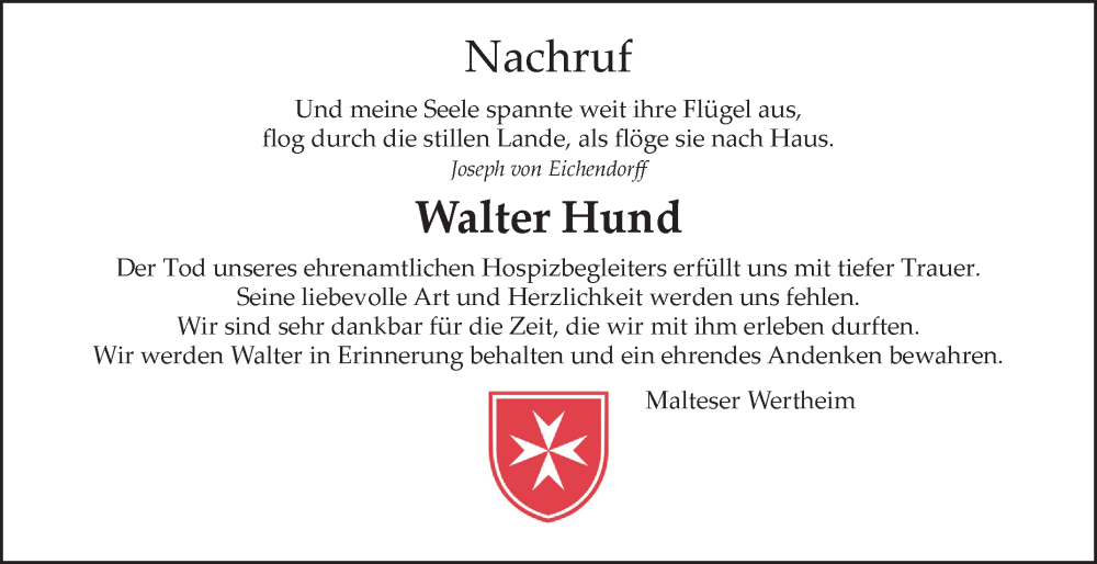  Traueranzeige für Walter Hund vom 19.10.2024 aus Fränkische Nachrichten