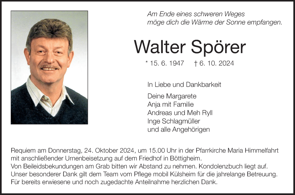  Traueranzeige für Walter Spörer vom 19.10.2024 aus Fränkische Nachrichten