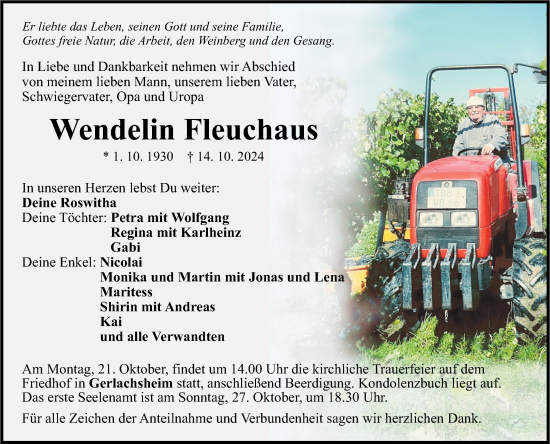 Traueranzeige von Wendelin Fleuchaus von Fränkische Nachrichten