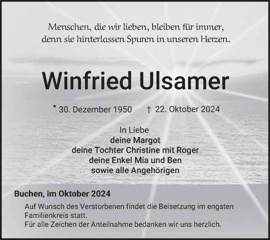 Traueranzeige von Winfried Ulsamer von Fränkische Nachrichten