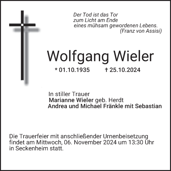 Traueranzeige von Wolfgang Wieler von Mannheimer Morgen