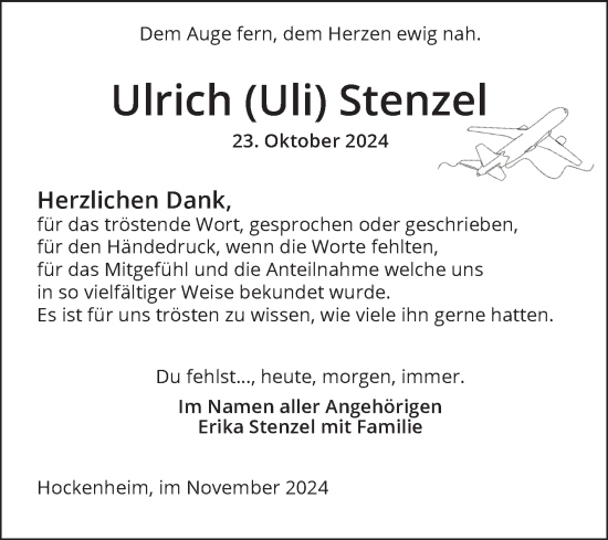 Traueranzeige von Ulrich Stenzel von Schwetzinger Zeitung