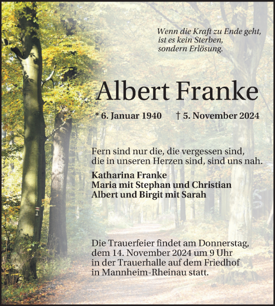 Traueranzeige von Albert Franke von Mannheimer Morgen