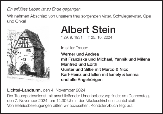 Traueranzeige von Albert Stein von Fränkische Nachrichten