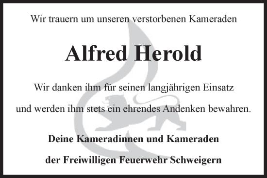 Traueranzeige von Alfred Herold von Fränkische Nachrichten