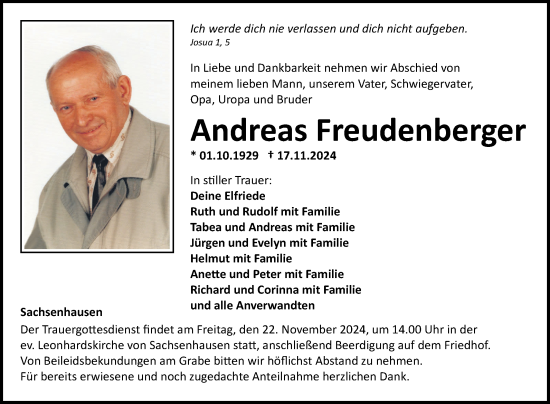 Traueranzeige von Andreas Freudenberger von Fränkische Nachrichten